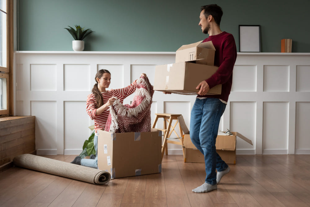 Couple carrying boxes while moving to a new home Couple carrying boxes while moving to a new home