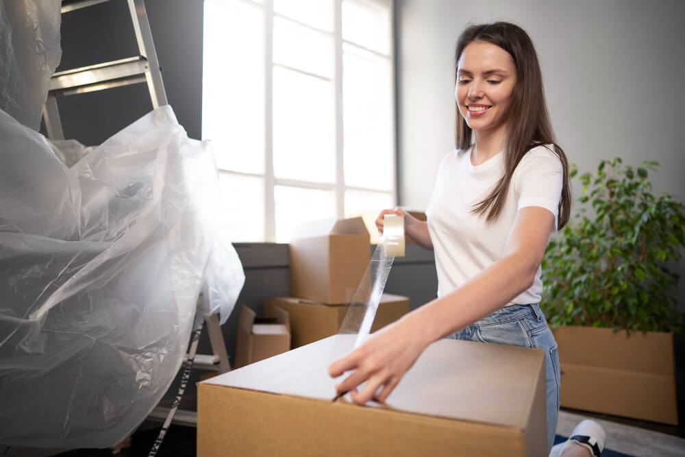 Woman packing a box with tape during a home move Woman packing a box with tape during a home move