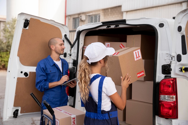 Removalists loading moving boxes into a van